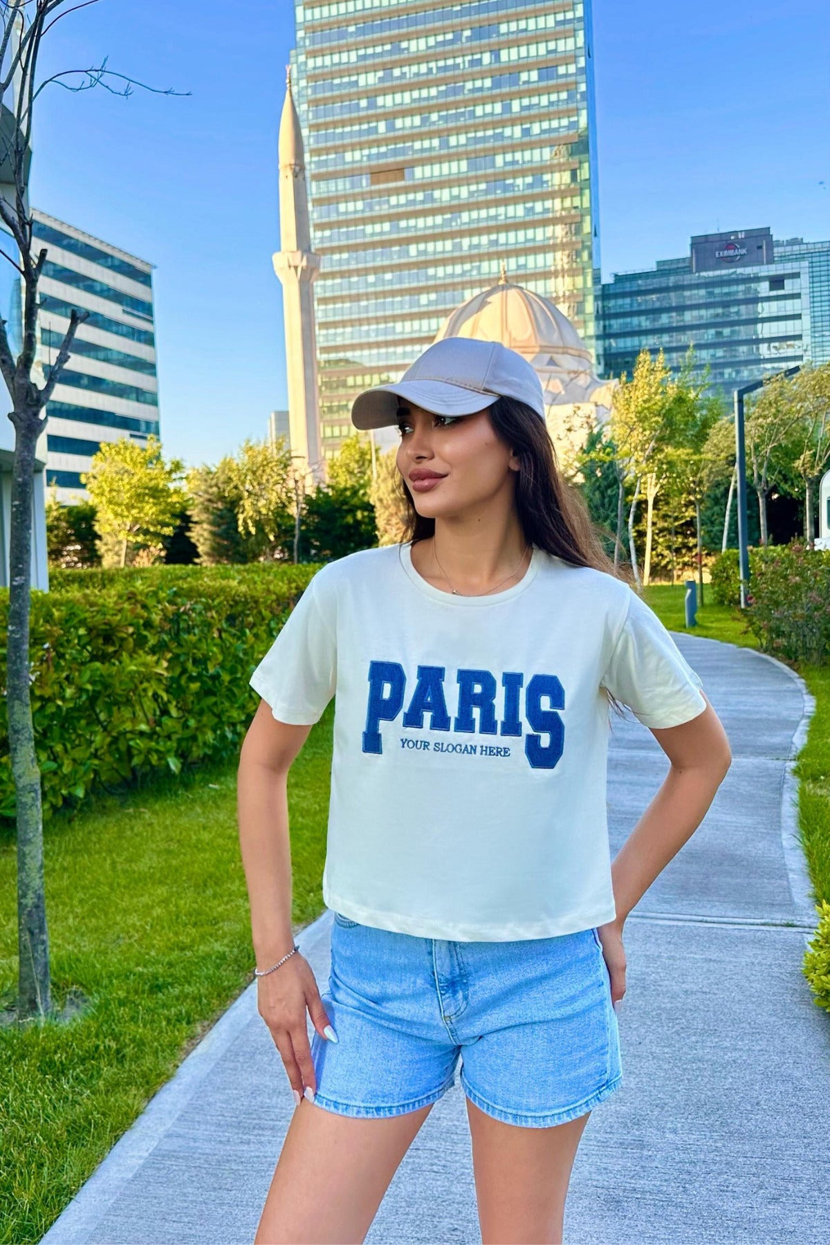 Kadın Paris Baskılı Likralı Bisiklet Yaka Crop T-Shirt Sarı - MALLTURK