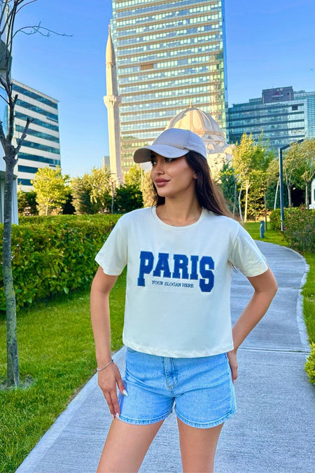 Kadın Paris Baskılı Likralı Bisiklet Yaka Crop T-Shirt Sarı - MALLTURK