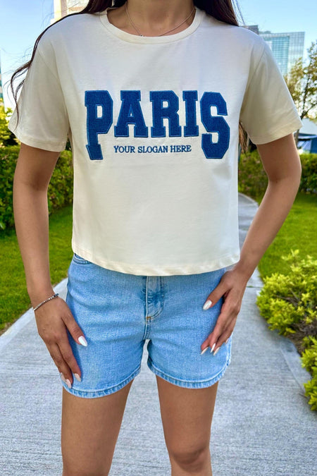 Kadın Paris Baskılı Likralı Bisiklet Yaka Crop T-Shirt Sarı - MALLTURK