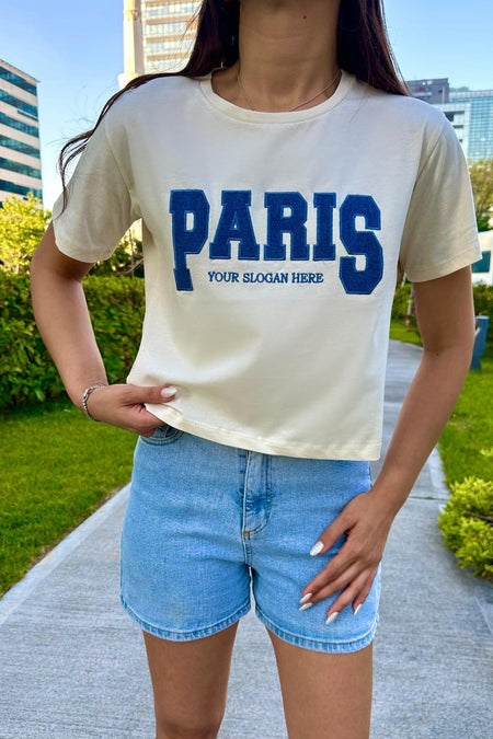 Kadın Paris Baskılı Likralı Bisiklet Yaka Crop T-Shirt Sarı - MALLTURK