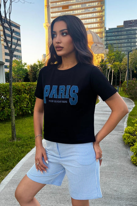 Kadın Paris Baskılı Likralı Bisiklet Yaka Crop T-Shirt Siyah - MALLTURK