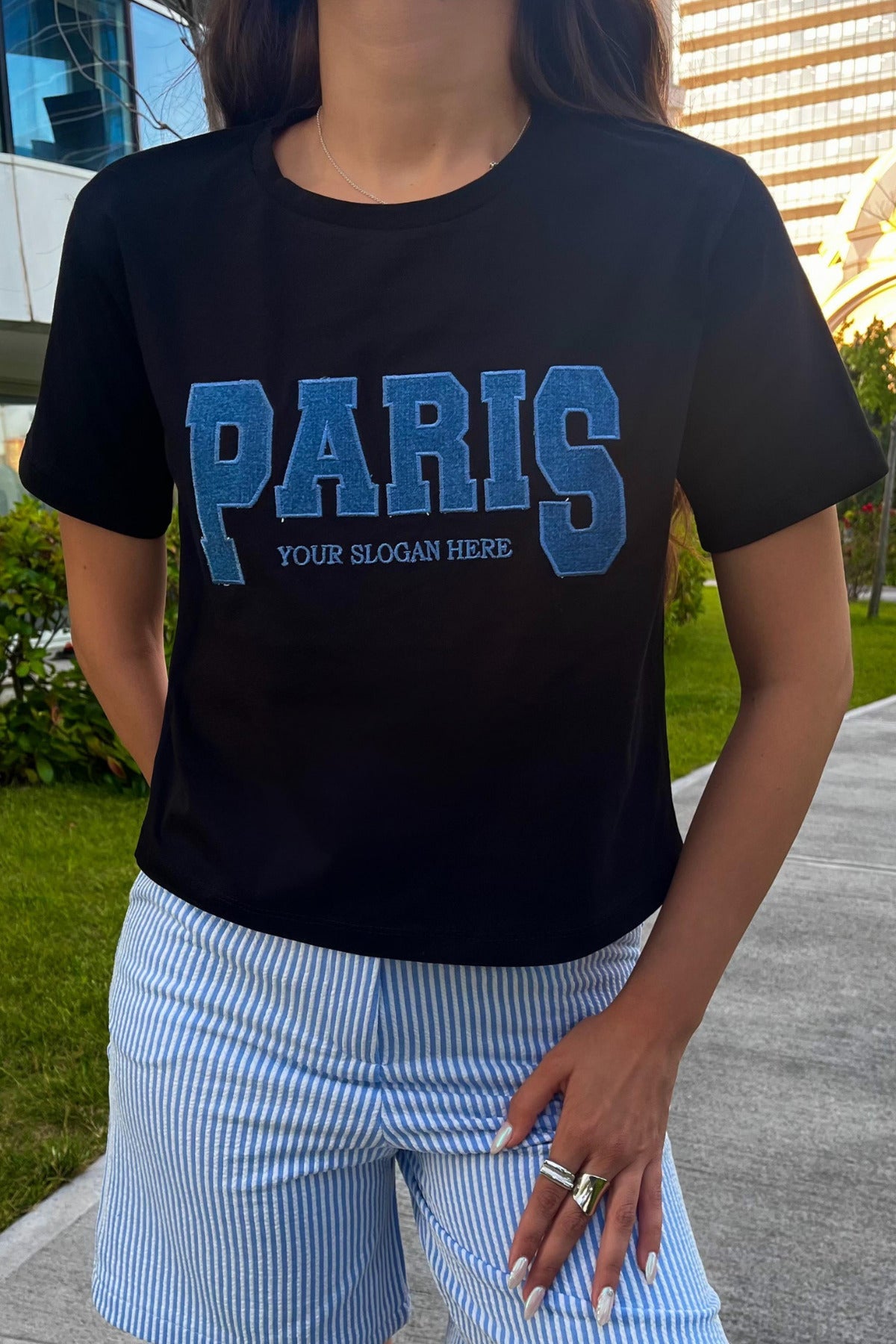 Kadın Paris Baskılı Likralı Bisiklet Yaka Crop T-Shirt Siyah - MALLTURK