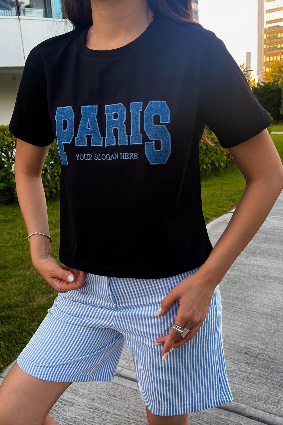 Kadın Paris Baskılı Likralı Bisiklet Yaka Crop T-Shirt Siyah - MALLTURK