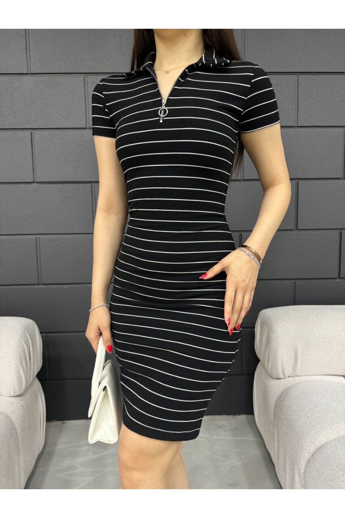 Kadın Polo Yaka Fermuar Detaylı Kaşkorse Çizgili Fitted/vücuda Oturan Elbise siyah - MALLTURK
