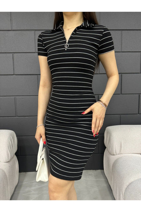 Kadın Polo Yaka Fermuar Detaylı Kaşkorse Çizgili Fitted/vücuda Oturan Elbise siyah - MALLTURK