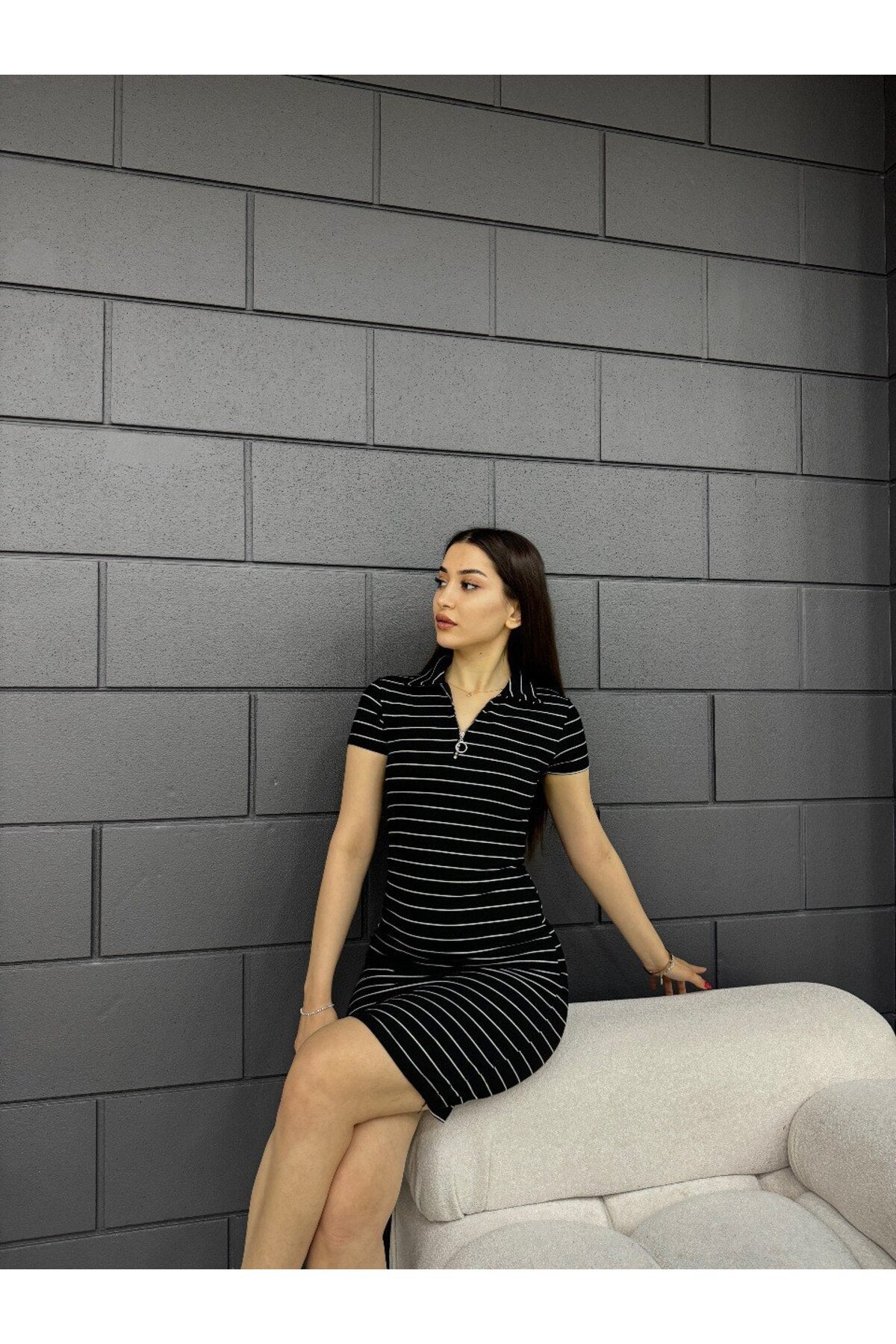 Kadın Polo Yaka Fermuar Detaylı Kaşkorse Çizgili Fitted/vücuda Oturan Elbise siyah - MALLTURK