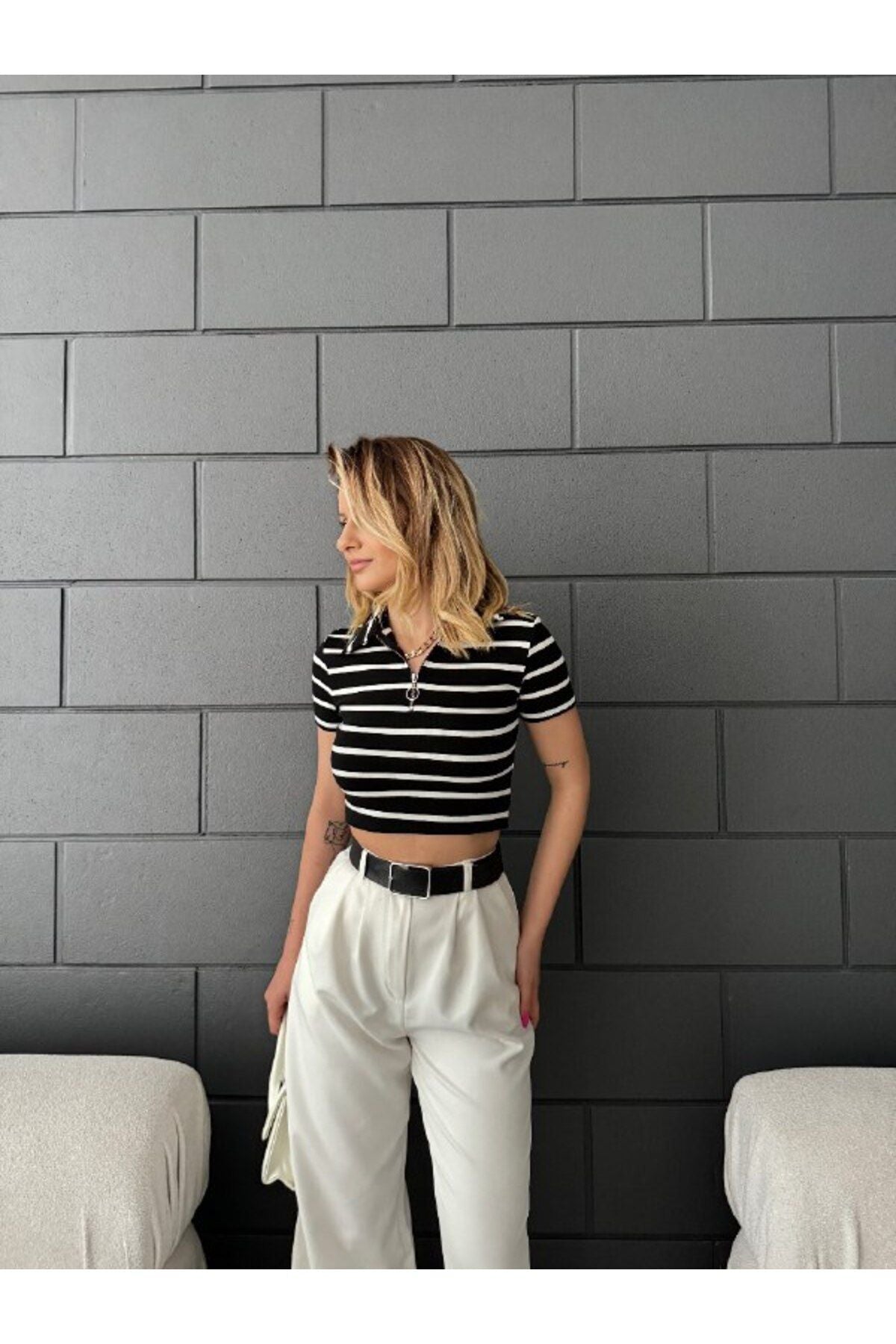Kadın Polo Yaka Fermuarlı Fitted/vücuda Oturan Çizgili Crop Bluz siyah - MALLTURK