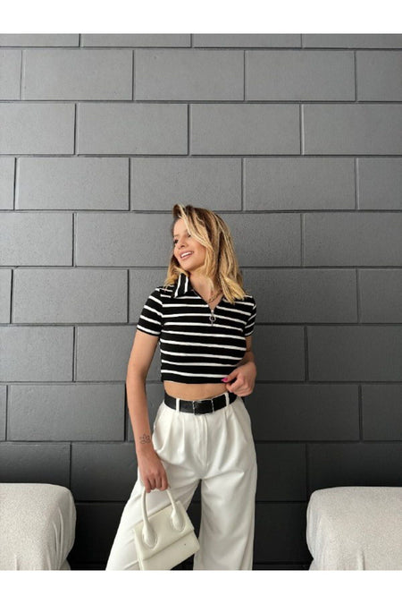 Kadın Polo Yaka Fermuarlı Fitted/vücuda Oturan Çizgili Crop Bluz siyah - MALLTURK