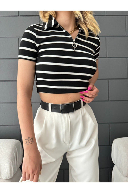 Kadın Polo Yaka Fermuarlı Fitted/vücuda Oturan Çizgili Crop Bluz siyah - MALLTURK