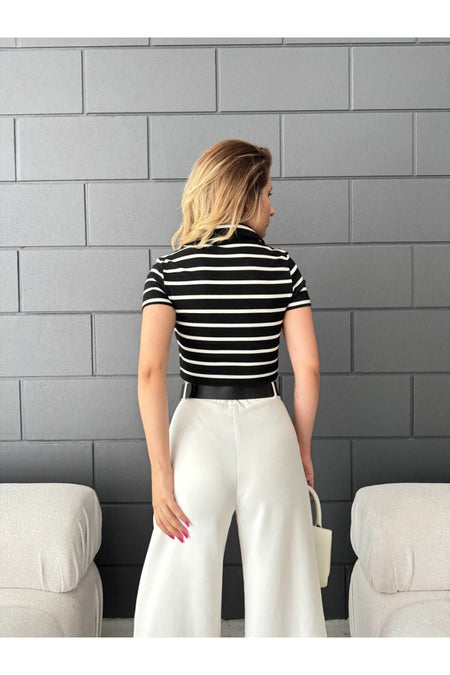 Kadın Polo Yaka Fermuarlı Fitted/vücuda Oturan Çizgili Crop Bluz siyah - MALLTURK