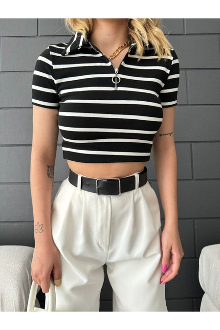 Kadın Polo Yaka Fermuarlı Fitted/vücuda Oturan Çizgili Crop Bluz siyah - MALLTURK