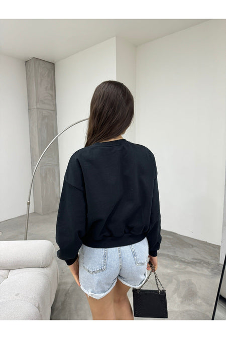 Kadın Siyah Oversize Crop Sweatshirt - MALLTURK