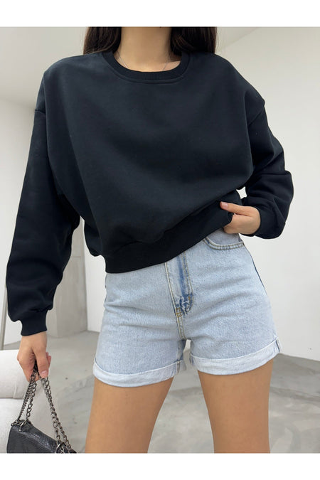 Kadın Siyah Oversize Crop Sweatshirt - MALLTURK