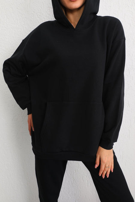 Kadın SİYAH Oversize Şardonlu Üç İplik Kapüşonlu Sweatshirt - MALLTURK