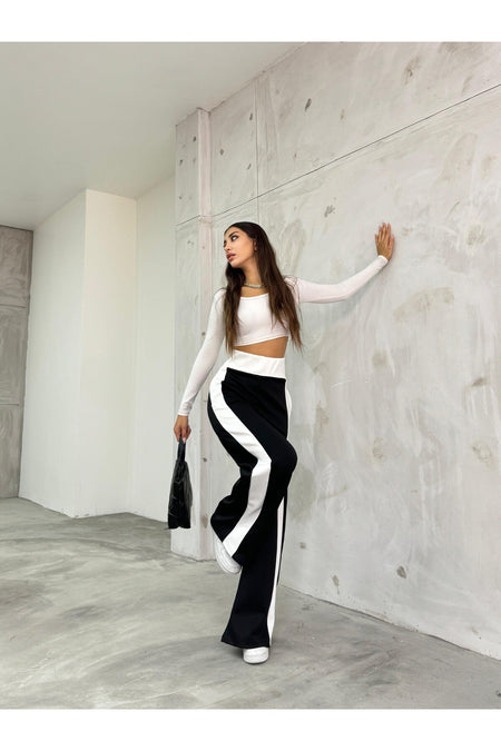 Kadın Siyah Yanı Şeritli Scuba Wide Leg Pantolon - MALLTURK