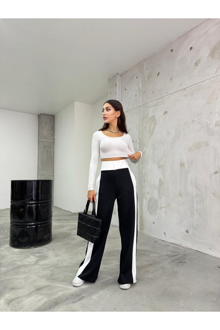 Kadın Siyah Yanı Şeritli Scuba Wide Leg Pantolon - MALLTURK