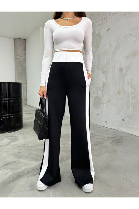 Kadın Siyah Yanı Şeritli Scuba Wide Leg Pantolon - MALLTURK