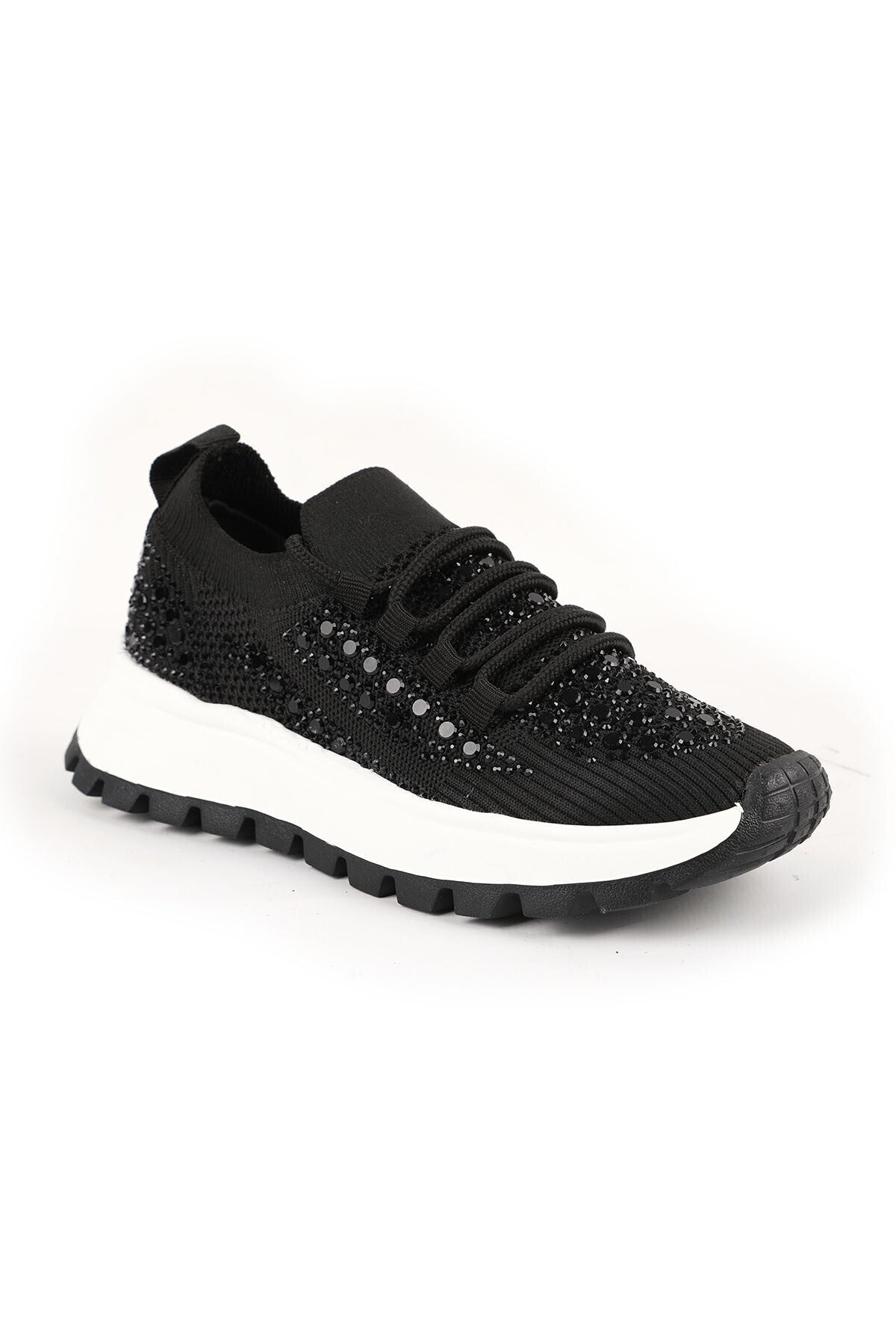 Kadın Sneaker Triko Esnek Kumaş Taş İşlemeli Kalın Tırtıklı EVA Taban Günlük Spor Ayakkabı L085.k201 - MALLTURK