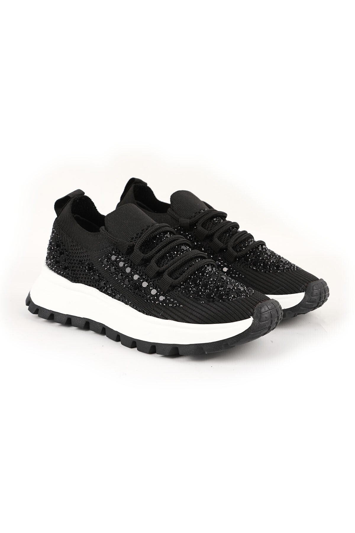 Kadın Sneaker Triko Esnek Kumaş Taş İşlemeli Kalın Tırtıklı EVA Taban Günlük Spor Ayakkabı L085.k201 - MALLTURK