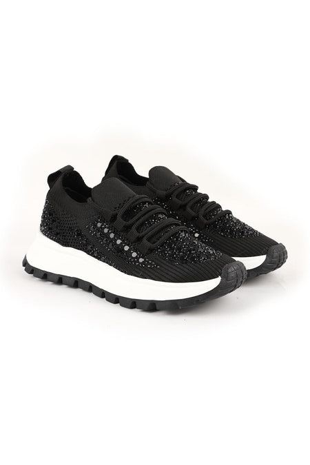Kadın Sneaker Triko Esnek Kumaş Taş İşlemeli Kalın Tırtıklı EVA Taban Günlük Spor Ayakkabı L085.k201 - MALLTURK