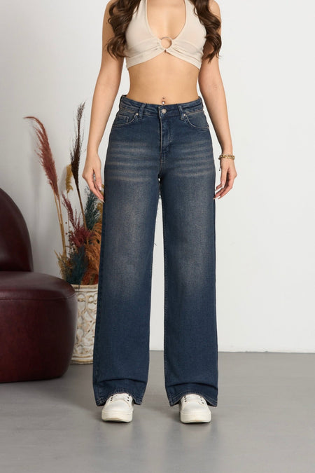 Kadın Soluk Efekt Vintage Yüksek Bel Wide Leg Jeans Efektli Lacivert - MALLTURK