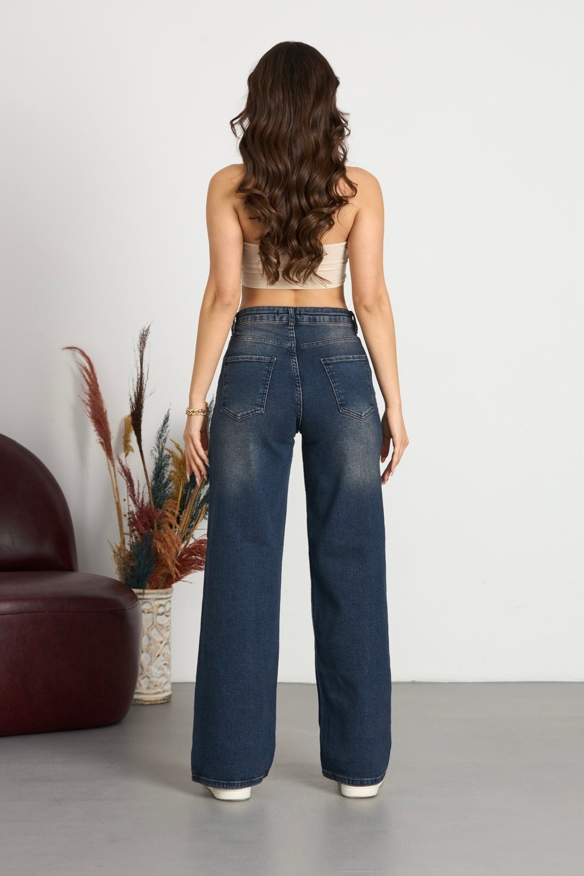 Kadın Soluk Efekt Vintage Yüksek Bel Wide Leg Jeans Efektli Lacivert - MALLTURK