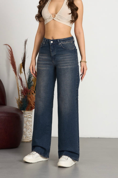 Kadın Soluk Efekt Vintage Yüksek Bel Wide Leg Jeans Efektli Lacivert - MALLTURK