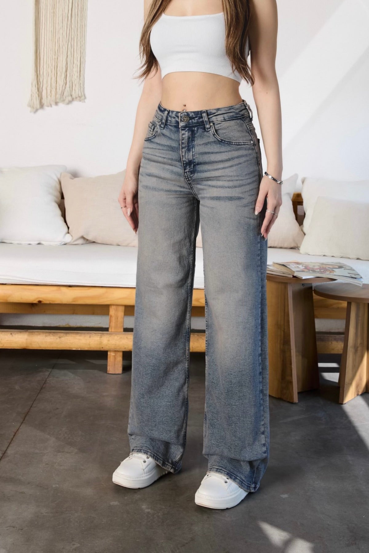 Kadın Soluk Efekt Vintage Yüksek Bel Wide Leg Jeans gök mavi - MALLTURK
