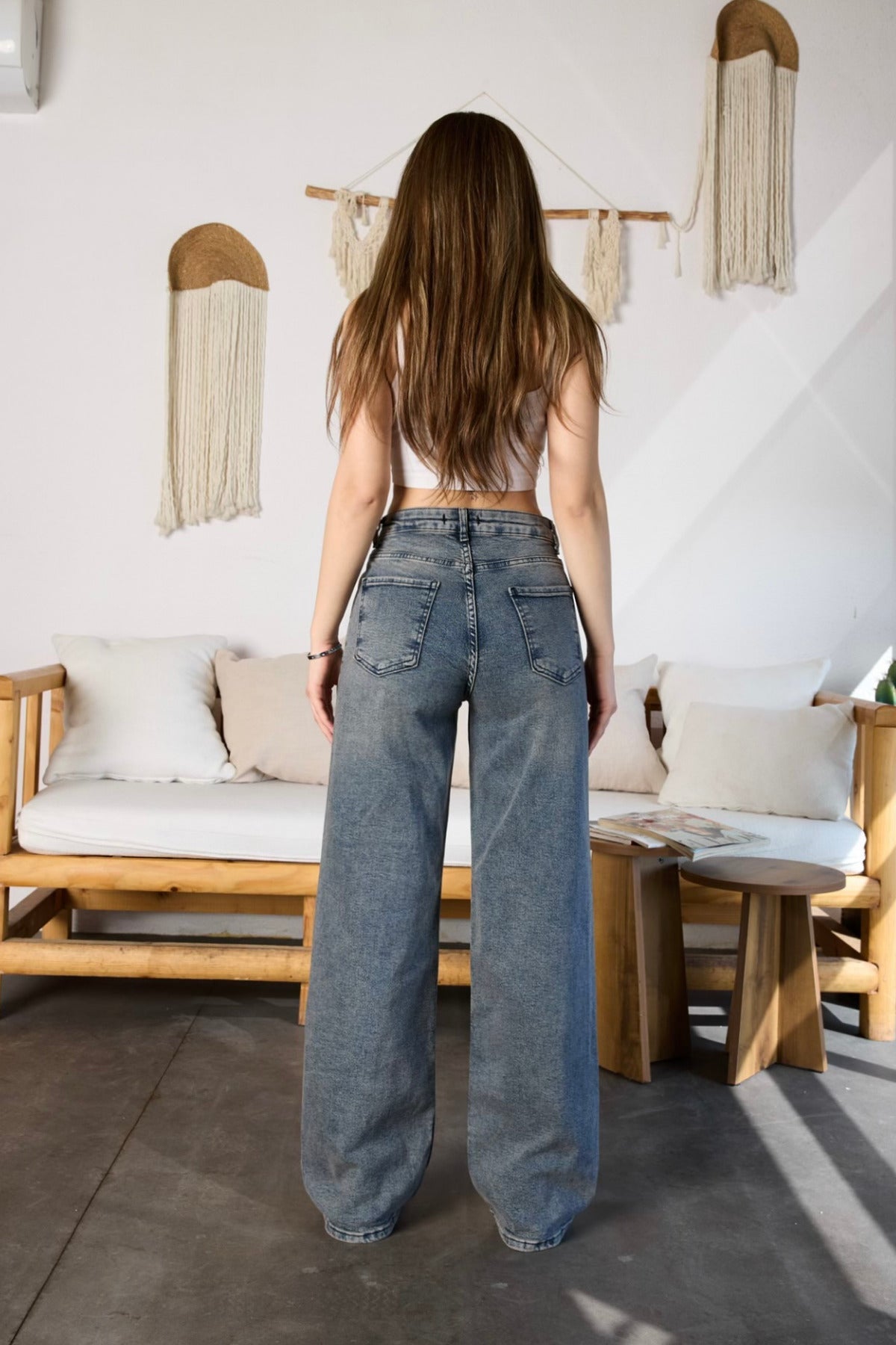 Kadın Soluk Efekt Vintage Yüksek Bel Wide Leg Jeans gök mavi - MALLTURK