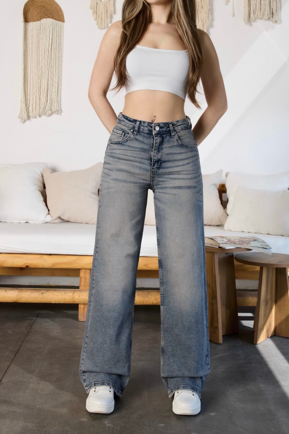 Kadın Soluk Efekt Vintage Yüksek Bel Wide Leg Jeans gök mavi - MALLTURK