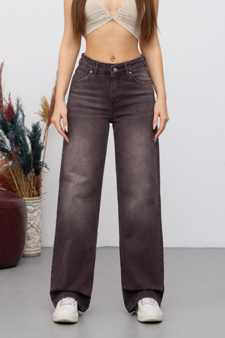Kadın Soluk Efekt Vintage Yüksek Bel Wide Leg Jeans Kahverengi - MALLTURK