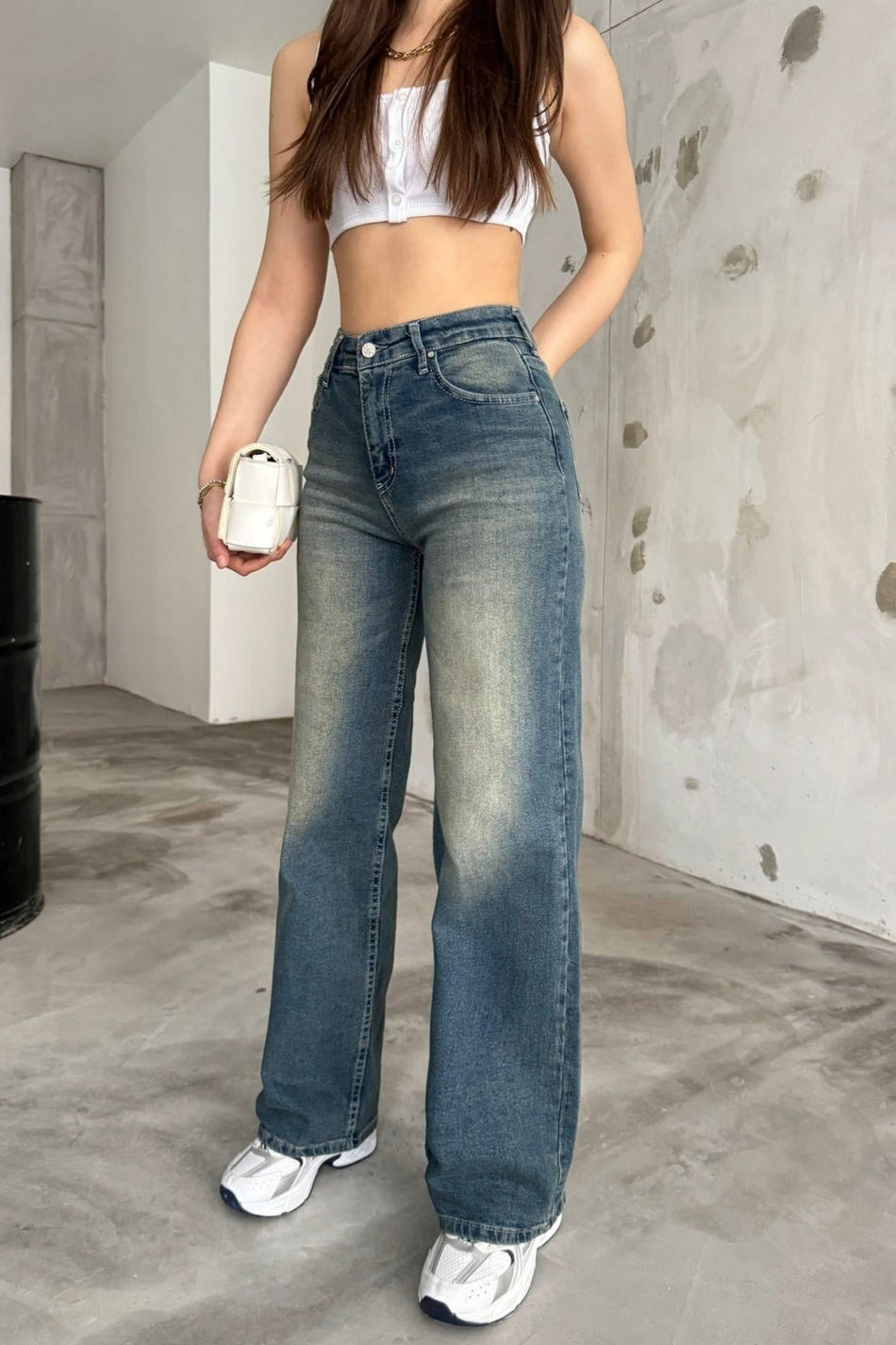 Kadın Soluk Efekt Vintage Yüksek Bel Wide Leg Jeans koyu mavi - MALLTURK