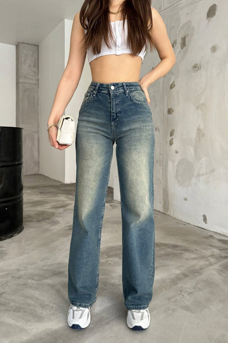 Kadın Soluk Efekt Vintage Yüksek Bel Wide Leg Jeans Mavi - MALLTURK