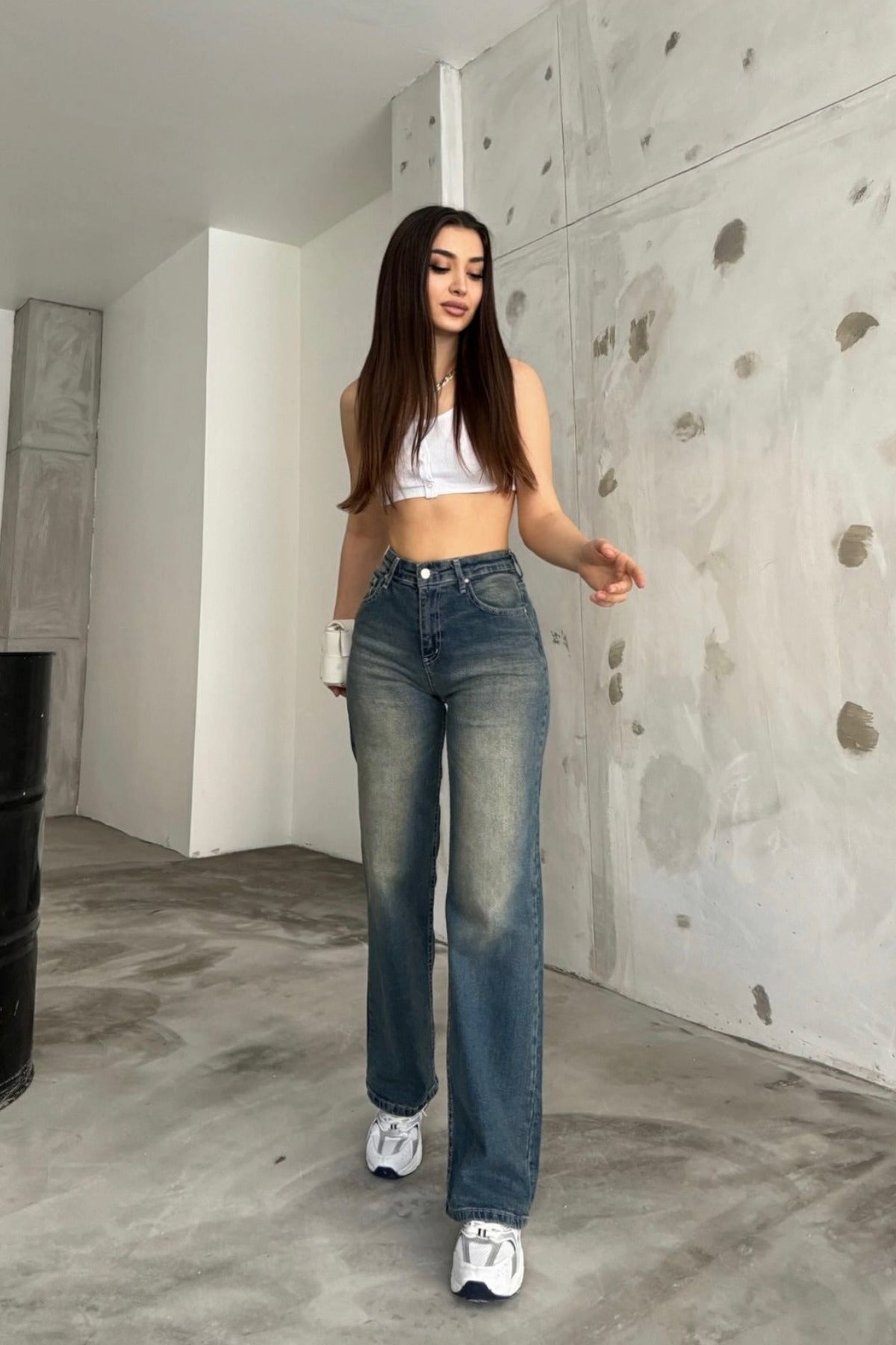 Kadın Soluk Efekt Vintage Yüksek Bel Wide Leg Jeans Mavi - MALLTURK