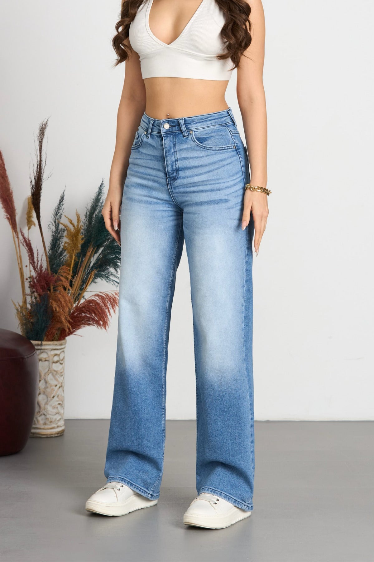 Kadın Soluk Efekt Vintage Yüksek Bel Wide Leg Jeans Mavi Efektli - MALLTURK