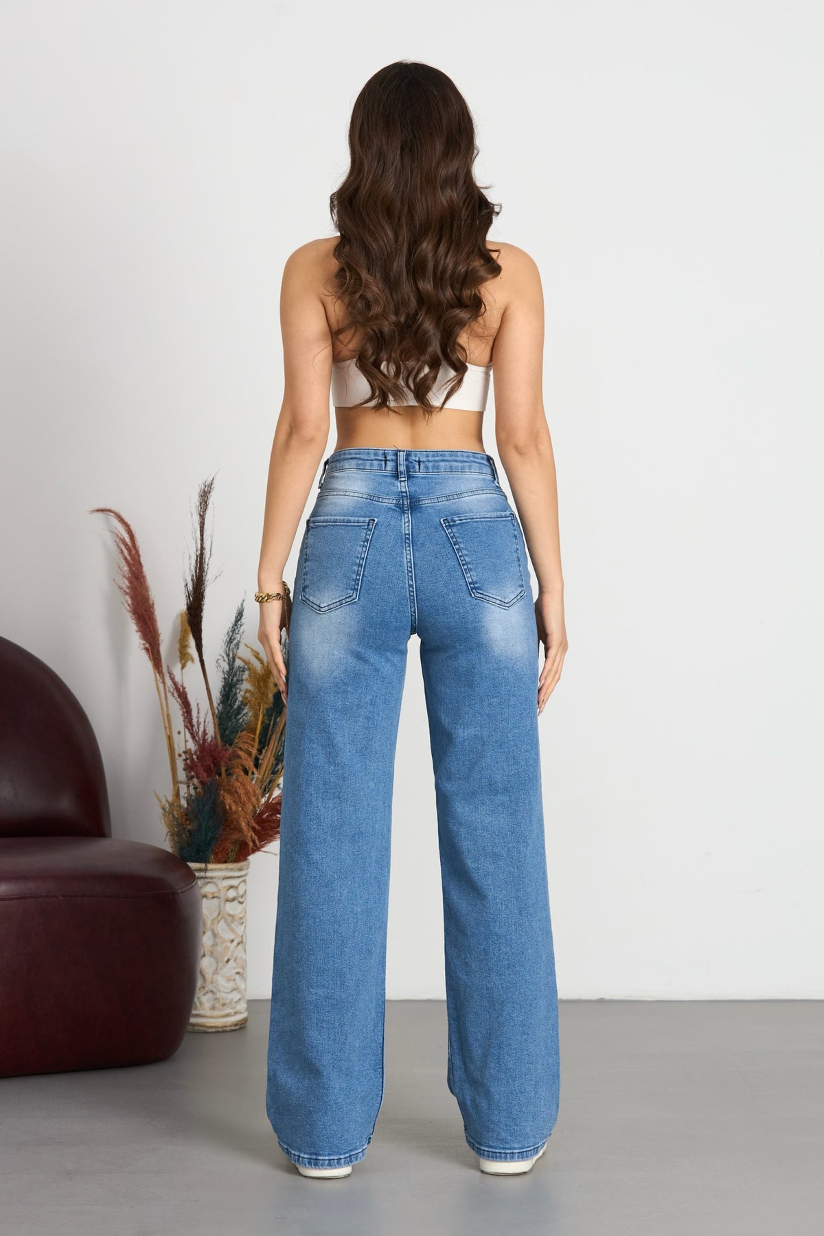 Kadın Soluk Efekt Vintage Yüksek Bel Wide Leg Jeans Mavi Efektli - MALLTURK
