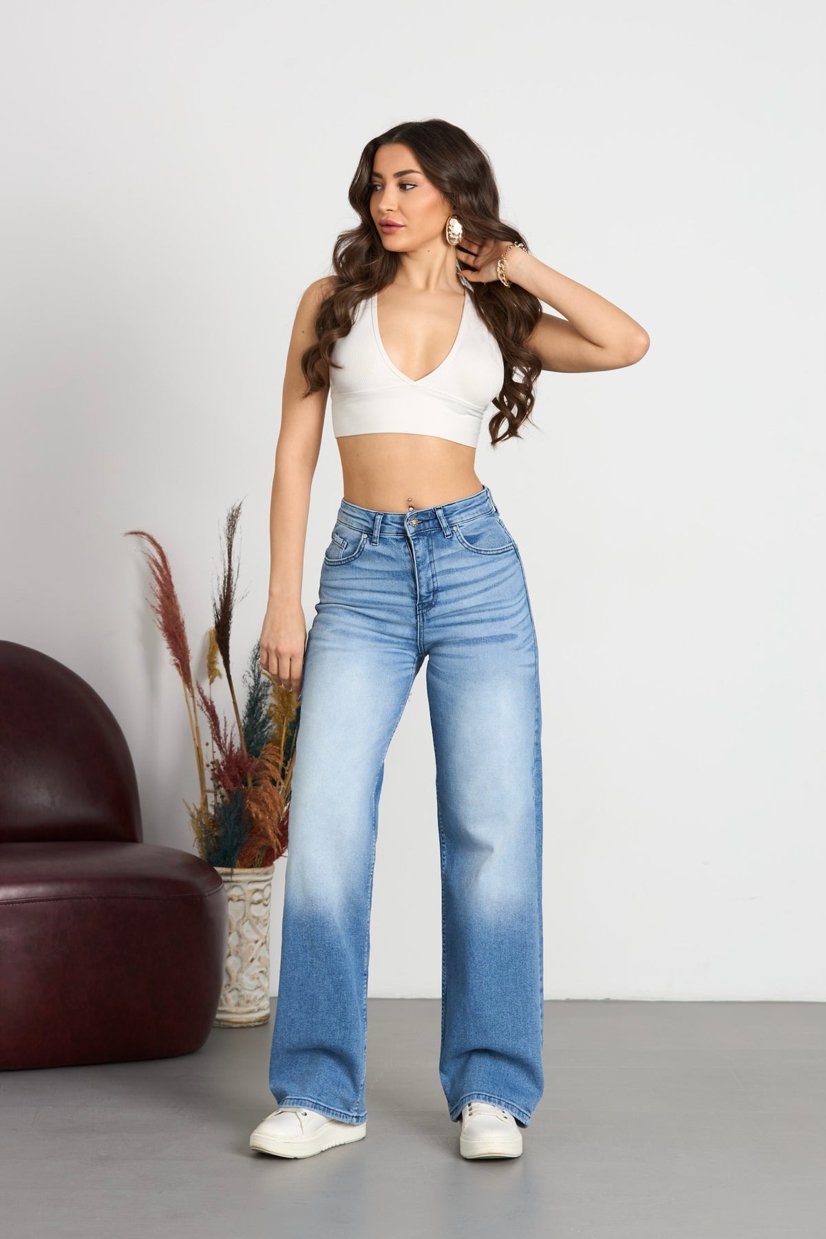 Kadın Soluk Efekt Vintage Yüksek Bel Wide Leg Jeans Mavi Efektli - MALLTURK