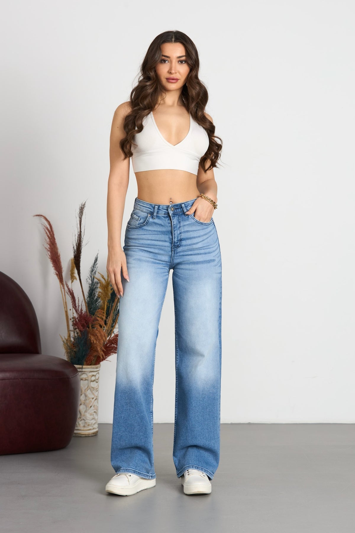 Kadın Soluk Efekt Vintage Yüksek Bel Wide Leg Jeans Mavi Efektli - MALLTURK