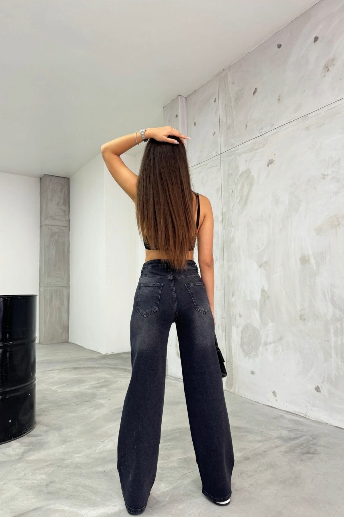 Kadın Soluk Efekt Vintage Yüksek Bel Wide Leg Jeans siyah - MALLTURK