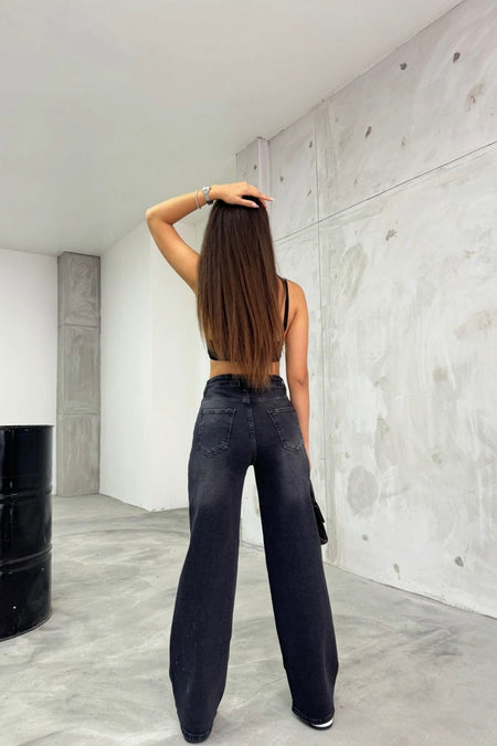 Kadın Soluk Efekt Vintage Yüksek Bel Wide Leg Jeans siyah - MALLTURK