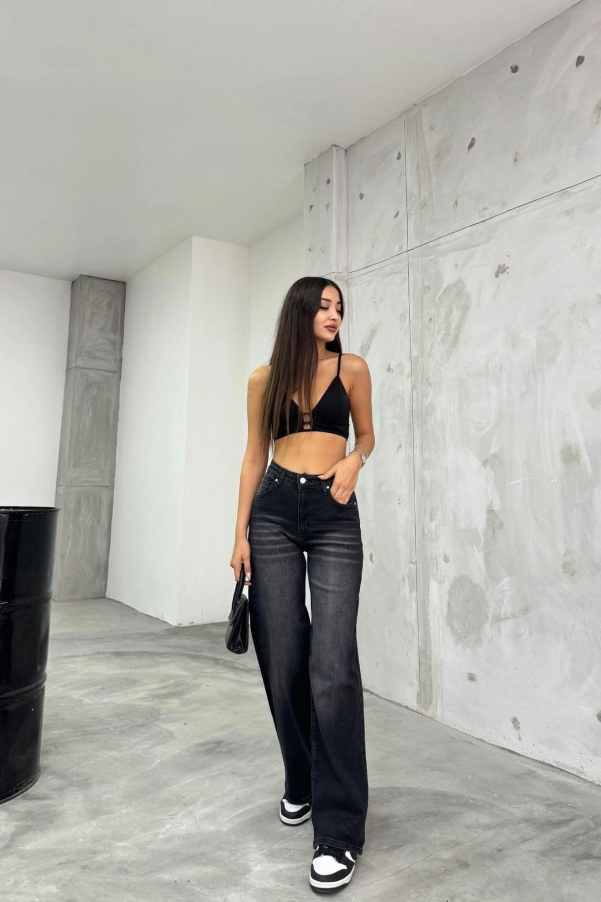 Kadın Soluk Efekt Vintage Yüksek Bel Wide Leg Jeans siyah - MALLTURK