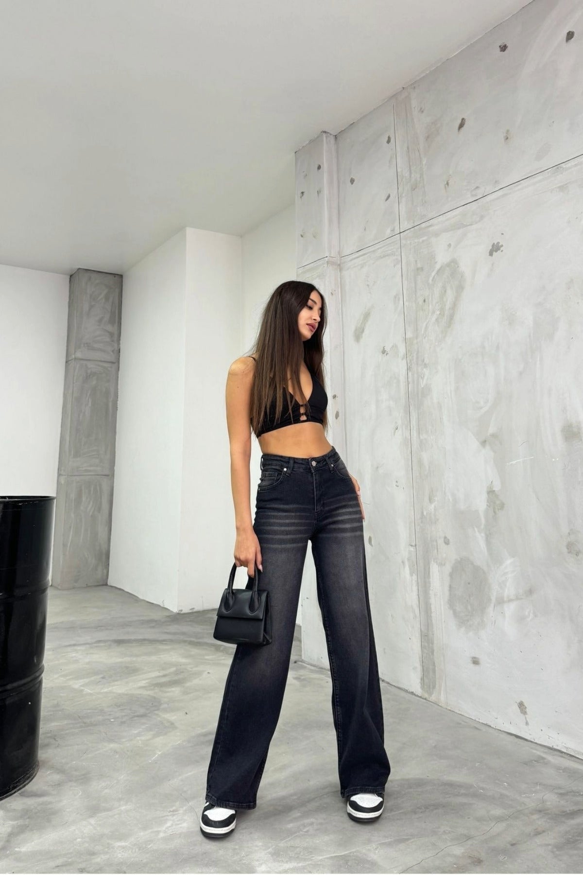 Kadın Soluk Efekt Vintage Yüksek Bel Wide Leg Jeans siyah - MALLTURK