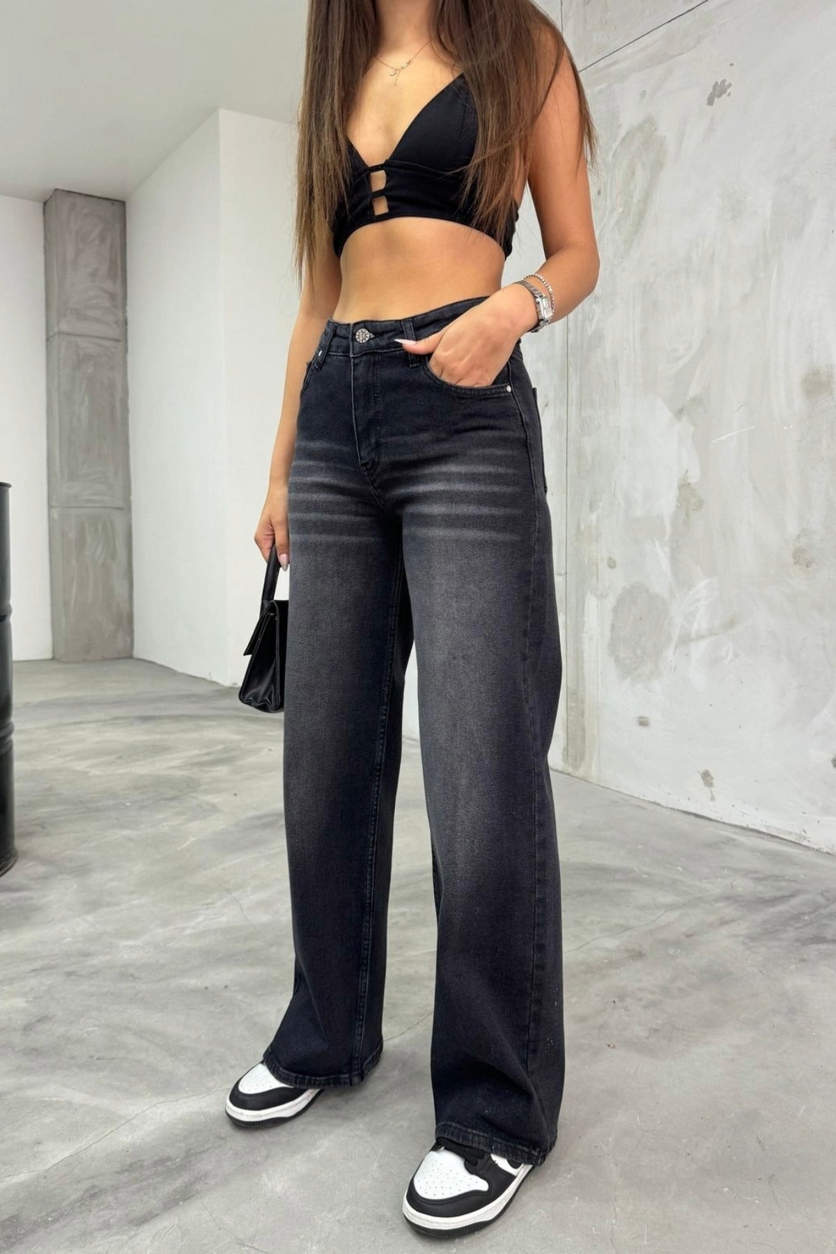 Kadın Soluk Efekt Vintage Yüksek Bel Wide Leg Jeans siyah - MALLTURK