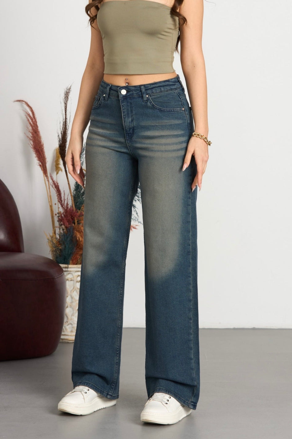 Kadın Soluk Efekt Vintage Yüksek Bel Wide Leg Jeans Soluk Lacivert - MALLTURK