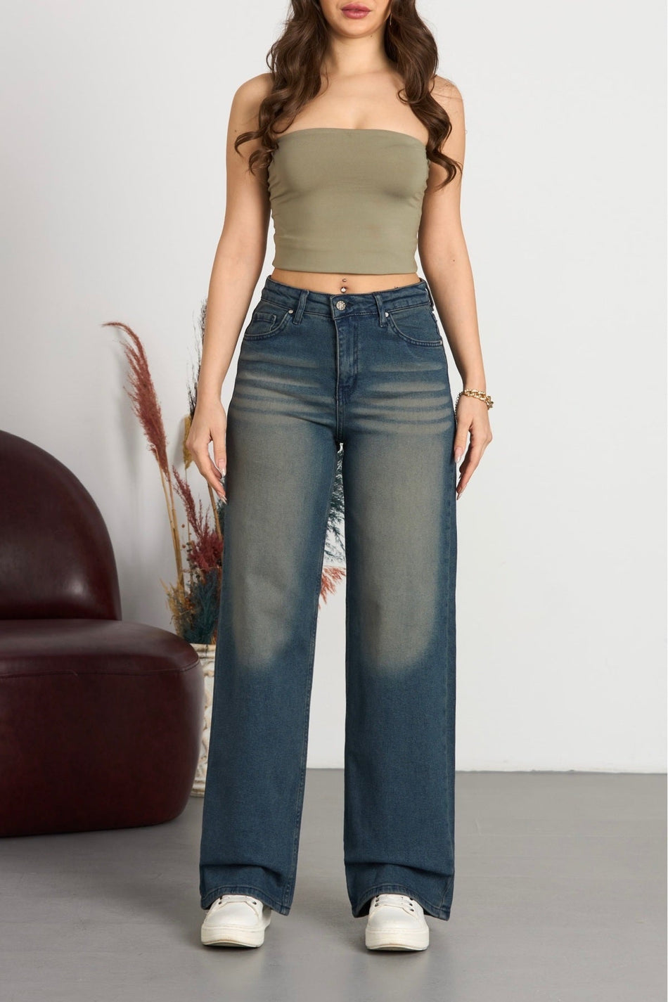 Kadın Soluk Efekt Vintage Yüksek Bel Wide Leg Jeans Soluk Lacivert - MALLTURK