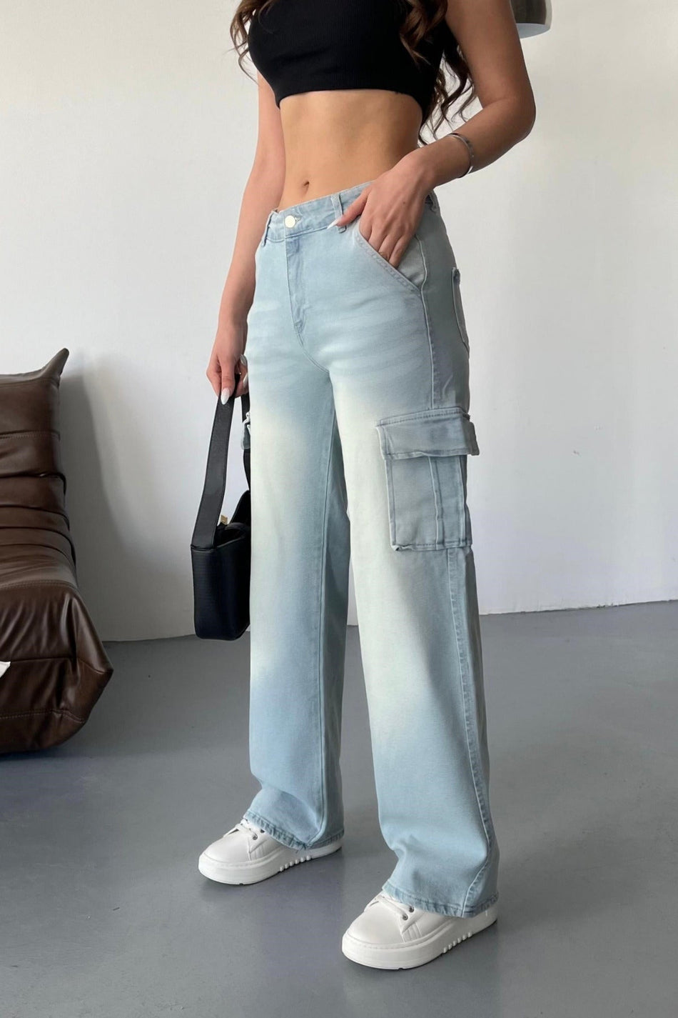 Kadın Soluk Efekt Vintage Yüksek Bel Wide Leg Kargo Pantolon buz mavi - MALLTURK