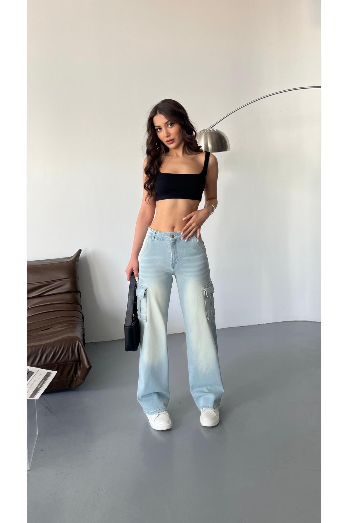 Kadın Soluk Efekt Vintage Yüksek Bel Wide Leg Kargo Pantolon buz mavi - MALLTURK
