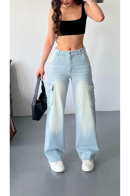 Kadın Soluk Efekt Vintage Yüksek Bel Wide Leg Kargo Pantolon buz mavi - MALLTURK