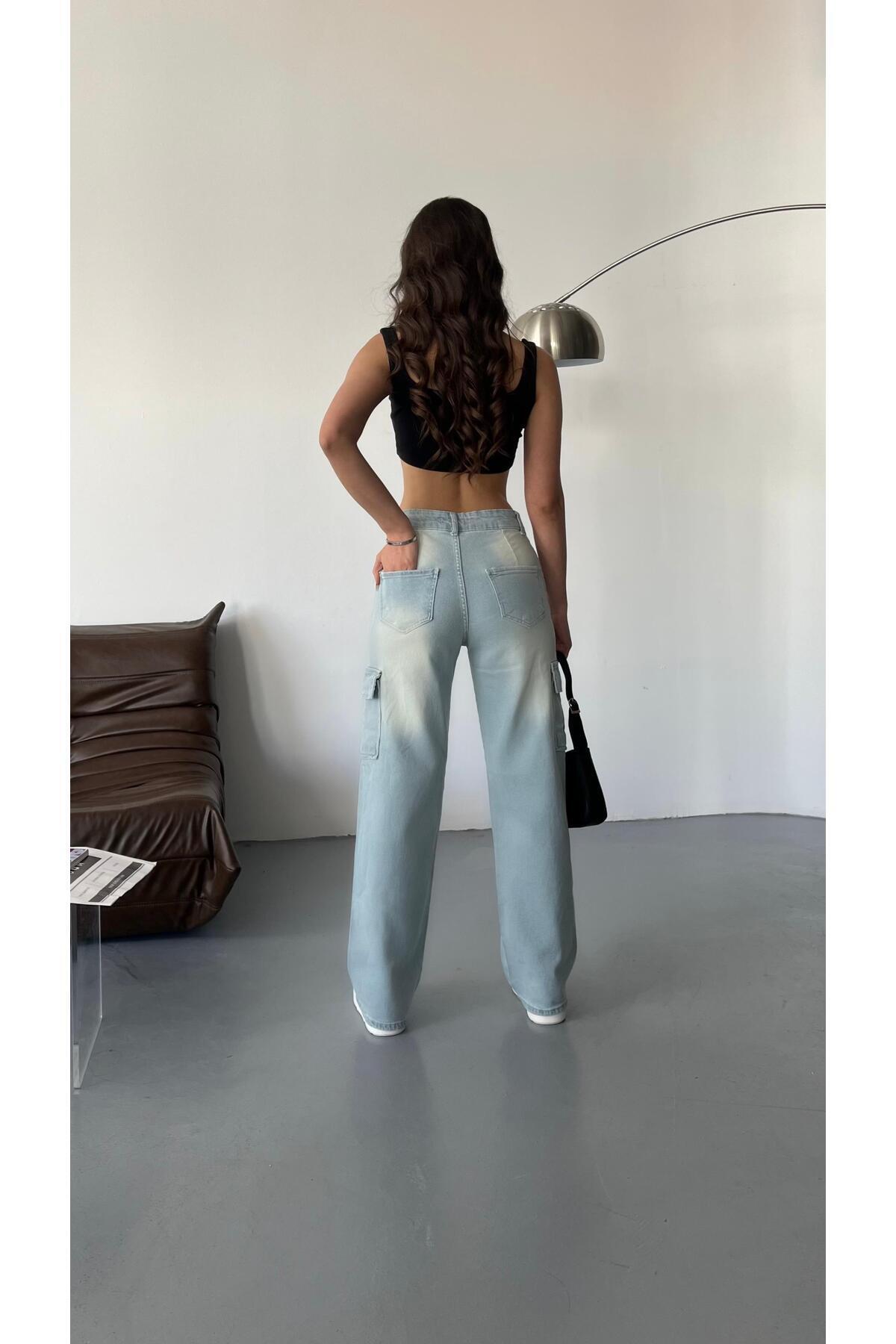 Kadın Soluk Efekt Vintage Yüksek Bel Wide Leg Kargo Pantolon buz mavi - MALLTURK