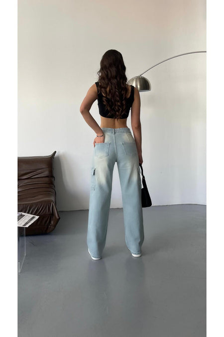 Kadın Soluk Efekt Vintage Yüksek Bel Wide Leg Kargo Pantolon buz mavi - MALLTURK